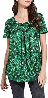 [Enmain] Women's Casual Tunic Tops V Neck Short Sleeve Floral Shirts Loose Fit Pleated Long Henley Blouse for Women, G Green Leaf, XL