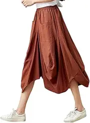 [Elonglin] Women's Cotton Linen Loose Harem Capri Pants Summer Boho Hippie Wide Leg Baggy Harem Pants Casual Trousers with Pockets Elastic Waist
