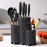 Knife Block Without Knives，Knife Holder and Cutlery Holder, Plastic Three in One Universal Knife Holder, Without Knives, Kitchen Knife Storage Rack, Countertop Bracket (Black)