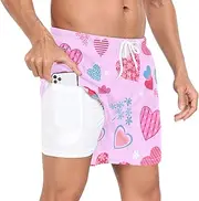 [GuoChe] Swimming Trunks for Men Men's 2In1 Running Shorts Valentine's Day Cute Hearts Shape Pink with Pockets and, Valentine's Day Cute Hearts Shape Pink, Medium
