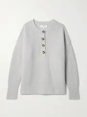 [La Ligne] La Ligne - Toujours Ribbed Cashmere Henley Sweater - Light gray - large large Gray