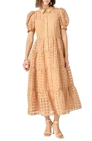 English Factory Grid Pattern Tiered Midi Shirtdress in Camel at Nordstrom, Size Medium