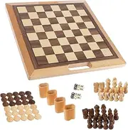 HEY! PLAY! Deluxe Wooden Chess, Checkers and Backgammon Set, Brown for 2 Players, Ages 13+