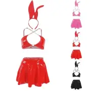 Women's Shiny Rave Outfits Festival Costume Bra Top Mini Skirts Headband Gothic