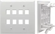 DIYTECH 8 Port Keystone Wall Plate, 2 Gang, Built-In Mounting Bracket, Supports Jack or Modular Inserts, In Wall Patch Panel - White