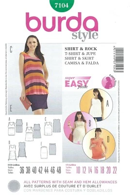 Burda 7104 Maternity Tops w Waist & Gather Detail, Pull On Skirt Sz 10-22 UNCUT
