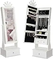 Kids Jewelry Cabinet with Full-Length Mirror, Freestand Mirror with Storage Drawers, Kids Vanity Dress Up Mirror with Jewelry Organizer, 46" Jewelry Armoire for Kids Bithday, Girls Xmas Gifts(White)