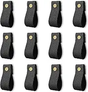 Leather Drawer Pulls, 12 Pcs Black Leather Pulls Handles, Handmade Leather Knobs Cabinet Hardware for Dresser Cabinet Drawer Doors and Closet