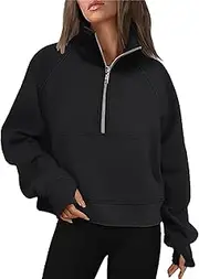 [Generic] Womens Sweatshirts Half Zip Cropped Pullover Fleece Quarter Zipper Hoodies Fall Winter Outfits Clothes Thumb Hole