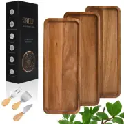 Set Of 3 Wood Serving Tray Acacia Board Solid Wooden Charcuterie Cheese Knives
