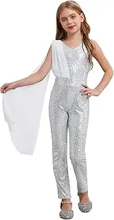 [Raenseen] Girls Sequin Jumpsuit Pageant Dress with Cape - V-Neck Romper & Long Pants for Flower Girls, Parties