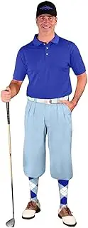 [Golf Knickers] Mens Outfit - Light Blue Microfiber, Limited Edition Ball Cap, Over-The-Calf Argyle Socks,Royal Blue Golf Shirt