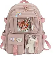 [UIVXXUD] Cute Aesthetic Backpack with Cute Pin Accessories Plush Pendant Stylish Ins-Style High Capacity Backpack