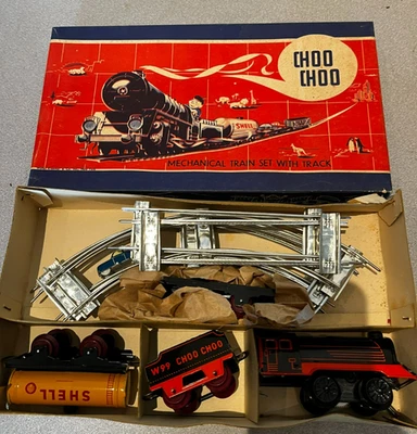 Old WALTER KRAEMER West Germany Tin Litho Wind Up Train set NOS box CHOO CHOO