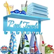 Blue Outdoor Pool Towel Rack with Shelf Pool Decor Wall Hooks Towel Holder Ca