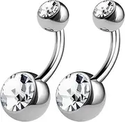 [BanaVega] 2PCS Surgical Steel Long Belly Button Rings 14g 3/8 10mm Crystal Balls Non Dangle Navel Piercing Jewelry See More Colors