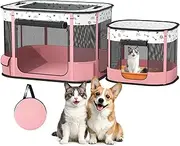BUFOR Portable Cat Playpen with litter box area, Foldable Pet Dog Playpen, for Kitten Puppy Play Pen Indoor/Outdoor, Cats Enclosure Cages Tent with Carrying Case, 600D Oxford 8-Rods, 32"x24"x22", Pink