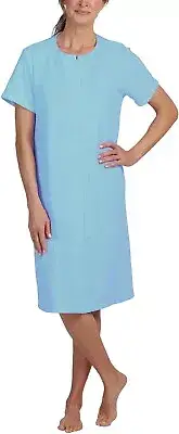 Miss Elaine Embroidered Short Sleeve Robe Nightgown Snap Front French Blue S