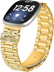 Metal Bands Compatible with Fitbit Versa 4＆Sense 2, Adjustable Elegant Casual Replacement Strap for Fitbit Versa 3＆Sense bands women men (Gold, One Size)
