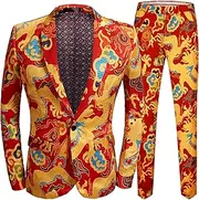 [Ufehaho] Men's Slim Fit Suit 2 Piece Embroidery Dragon Printed Jacket Pants for Party Dinner Wedding Business Tuxedo