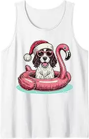 [Generic] Christmas in July Springer Spaniel Santa Flamingo Floatie Tank Top T-Shirt for Men Crew Neck Tee Shirt