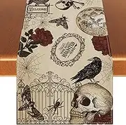 Rvsticty Linen Retro Halloween Table Runner - Gothic Skull Tablecloth for Day of The Dead - Roses Skull Decor - Decorations and Supplies for Home Kitchen Table - 1336''