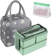 NatraProw Stackable Bento Box Kit, 47.35OZ Bento Box Adult Lunch Box, 3 Compartments Bento Lunch Box with Lunch Bag and Utensils, Meal Prep Containers for Adults, BPA Free Microwave Bento Box (Green)