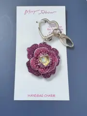 Betsey Johnson Gold Tone Pink Crystal Flower Heart Clip Key Fob Hand Bag Charm