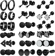 [ONESING] 18 Pairs Mens Earrings Black Earrings for Men Stainless Steel Earrings Piercing Jewelry Stud Hoop Punk Earrings Set