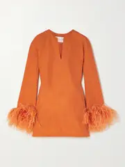 [Valentino Garavani] Valentino Garavani - Feather-trimmed Cotton-blend Mini Dress - Orange - IT42 IT 42 Orange