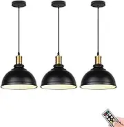 Black 7.8'' Battery Operated Hanging Light with Remote & Bulb, Non Hardwired Pendant Lights for Kitchen Island, No Wires Ceiling Light Chandelier for Living Room Dinning Table Bedroom Bar Farmhouse (