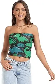 [RPLIFE] Cute Cartoon Dinosaurs Black Women's Tube Top, Strapless Summer Top, Mesh Tube Tops, Trendy Crop Tops (S)