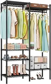 Fuyoula Clothes Rack Clothing Rack with 6 Shelves, Heavy Duty Garment Rack with Adjustable Shelves and Hanging Rods