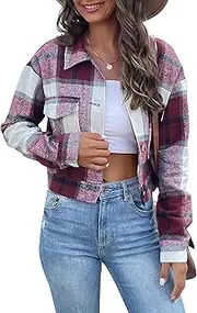 [Yuyanrocks] Jackets for Women Cropped Shacket Plaid Button Down Shirt Long Sleeve Flannel Coat Tops with Lapel Pocketes