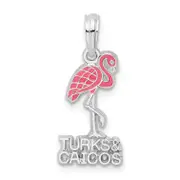 Sterling Silver De-Ani Rhodium-Plated Enameled Turks And Caicos With Flamingo Pendant