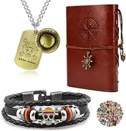 YouU 23 pcs Anime One Piece Cosplay Jewelry Leather Writing Journal Refillable Notebook Luffy Necklace PU Leather Bangle Skeleton Pendant Bracelet Wristband Anime Stickers