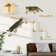 PawHut Cat Wall Shelves w/ Cushion Condo Scratching Posts Hammock 8PCs Oak