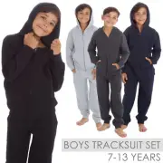 Boys Plain Tracksuit Set Zip Up Hoodie Joggers Activewear PE Class UK 7-13 Years