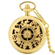 Vintage Quartz Pocket Watch Gift Golden Skeleton Compass Luxury Chain Steampunk
