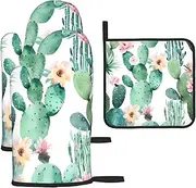 3 pcs Oven Mitts and Pot Holders Set 500°F Heat Resistant Oven Gloves and Hot Pads Kitchen Mittens Cactus Pattern Cooking Gloves Potholders for Baking Grilling
