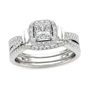 1 CT. T.W. Princess-Cut Diamond Frame Multi-Row Three Piece Bridal Engagement Ring Set in 14K White Gold