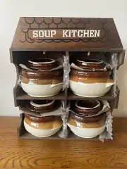 Vintage Set Of Wide Soup Mugs In Wooden 'Soup Kitchen' Housing