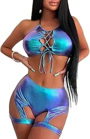 [Newfancy] Women's Rave Metalic Snakeskin Print Bikini Set Shiny Bathing Suit Swimsuits Festivals