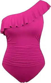 [Hilor] Women's One Piece Swimsuits One Shoulder Swimwear Asymmetric Ruffle Monokinis Bathing Suits Hot Pink 14