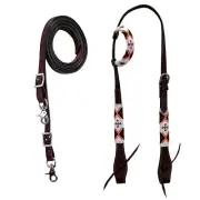 western Leather Equestrian Tooled Beaded Headstall,Breast Collar & Reins. (H070)