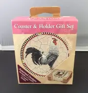 Rooster Coasters with Wood Holder, Absorbent Stoneware w Cork Backing, Washable
