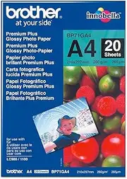 Brother BP71GA4 Photo Paper, A4, Premium Plus Glossy, 297 mm (W) x 210 mm (L), 20 Sheets, Brother Genuine Supplies