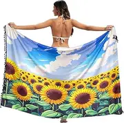 [RPLIFE] Field Sunflowers Clouds Bikini Cover Up Sarong, Summer Long Sheer Sarong, Large, Field Sunflowers Clouds 1, Medium