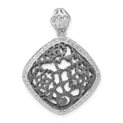 Sterling Silver W/ Black Rhodium Textured Cz Floral Square Pendant