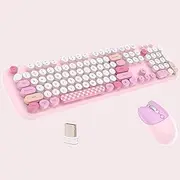 2.4G Full-Size Wireless Keyboard and Mouse Combo, Multi-Color Typewriter Style Round Keycap, Cute Candy Colors, Compatible with Notebook, PC (Pink 2)